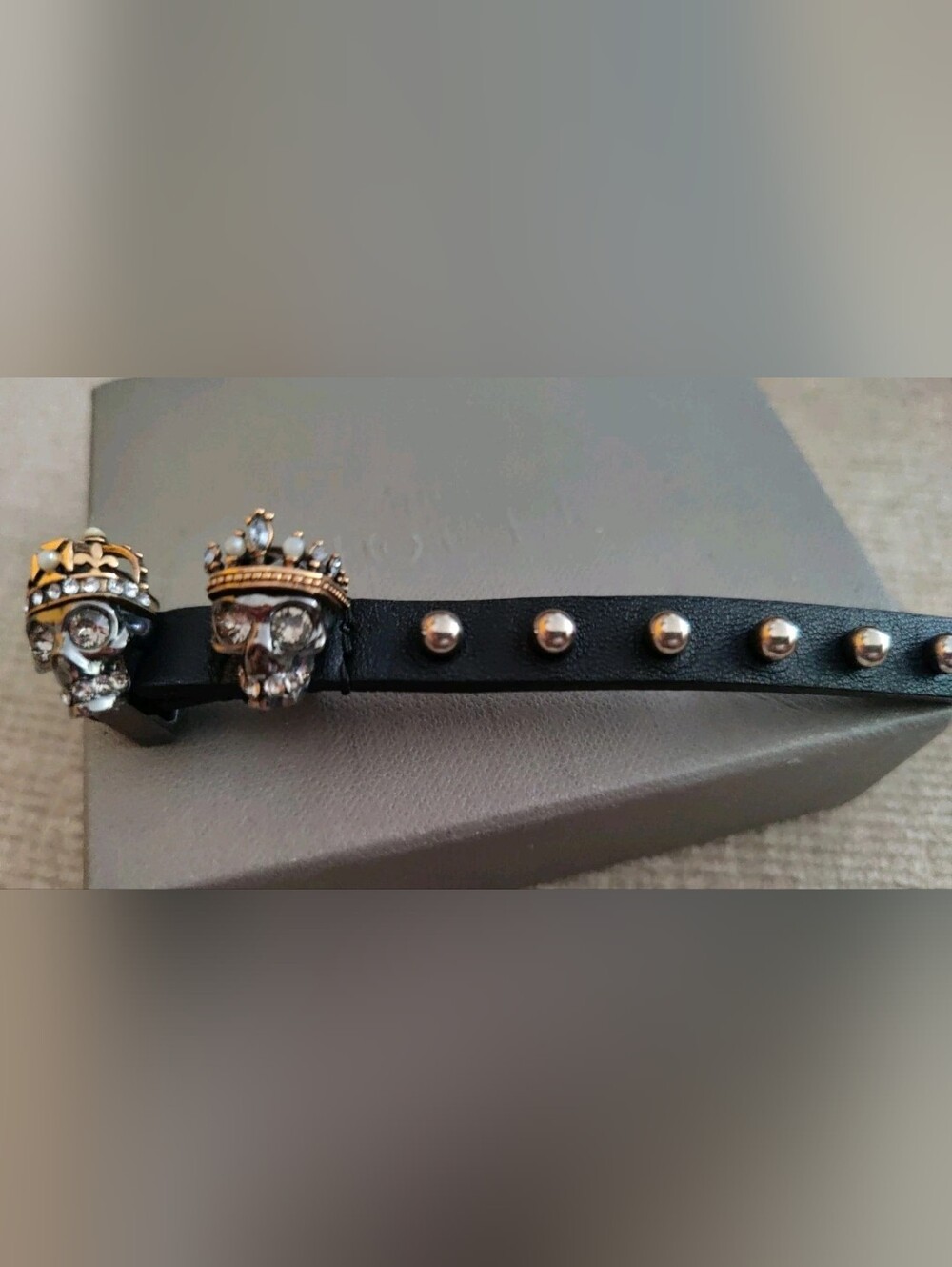 Alexander McQueen Black Leather Skull Bracelet with Crystal Crowns